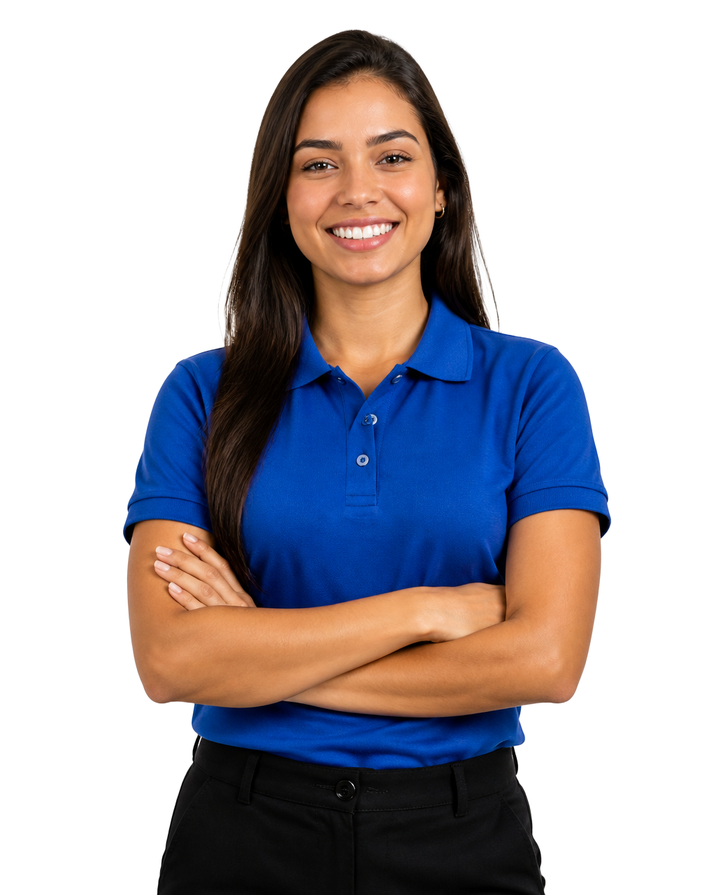 Colaboradora sorrindo com uniforme azul